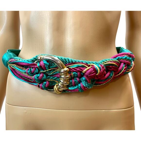 80s Boho Gypsy Teal Fuchsia and Gold Cord Knot Obi Belt - Picture 1 of 8